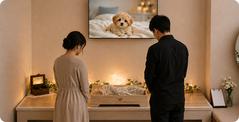 광주강아지장례, 광주고양이장례, 광주반려동물장례 전문 서비스를 제공하는 퍼스트펫 장례 절차 중 추모 예식을 진행하는 사진